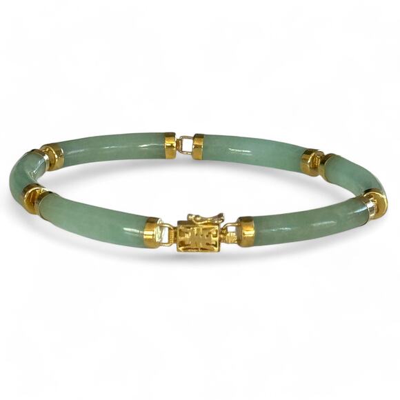 J.K Jewelry - 14K Yellow Gold Natural Jadeite Jade‎ Tube Link Bracelet